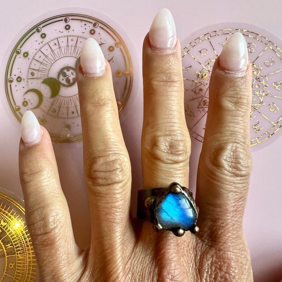 FLASH Labradorite HEART ❤️ Electroplated Ring Adjustable 6 7 8 - Picture 6 of 15